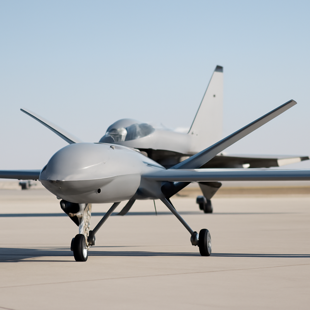 Sleek drone stands on runway with fighter jet in background.
