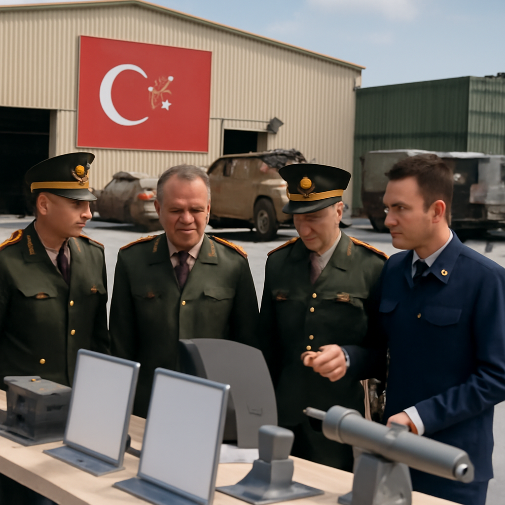 Turkish military facility with vehicles and shipping containers.