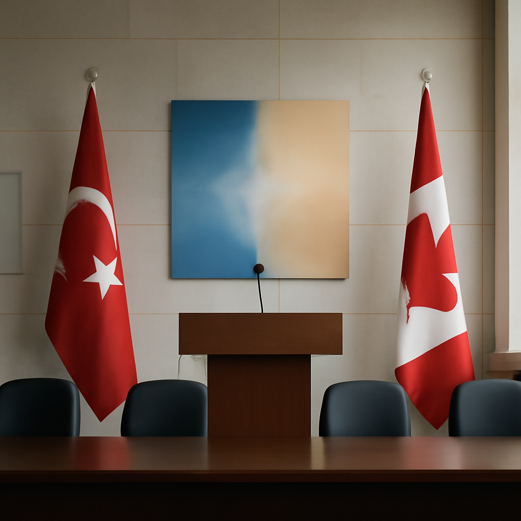 Formal meeting setting with podium, chairs, and large window in a government or defense building.