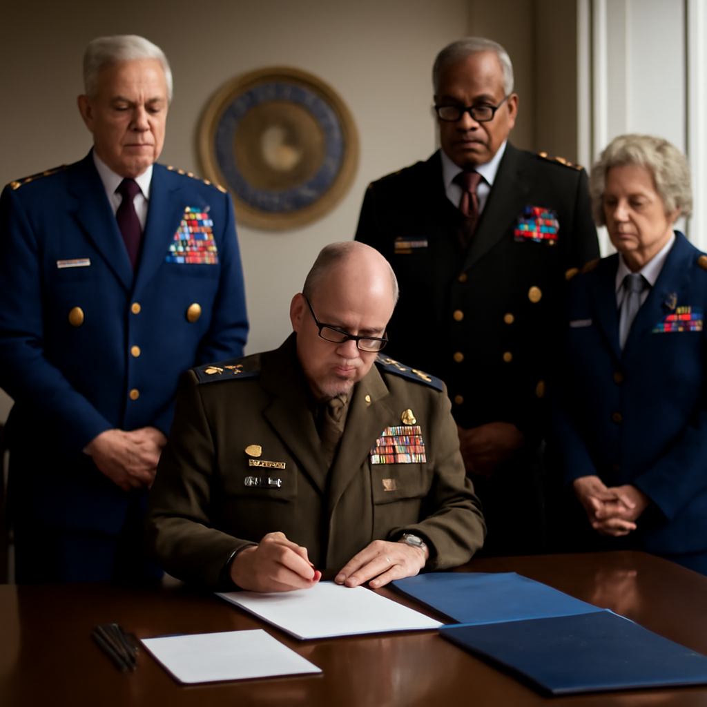 Senior defense officials gather around a conference table for a signing ceremony.