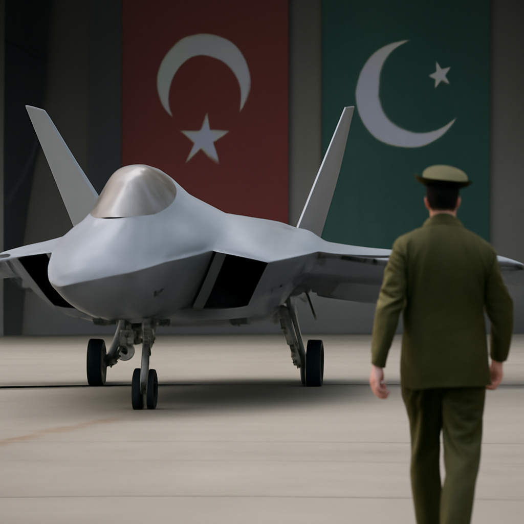 Fifth-gen fighter jet beside Turkish and Pakistani flags with defence official.