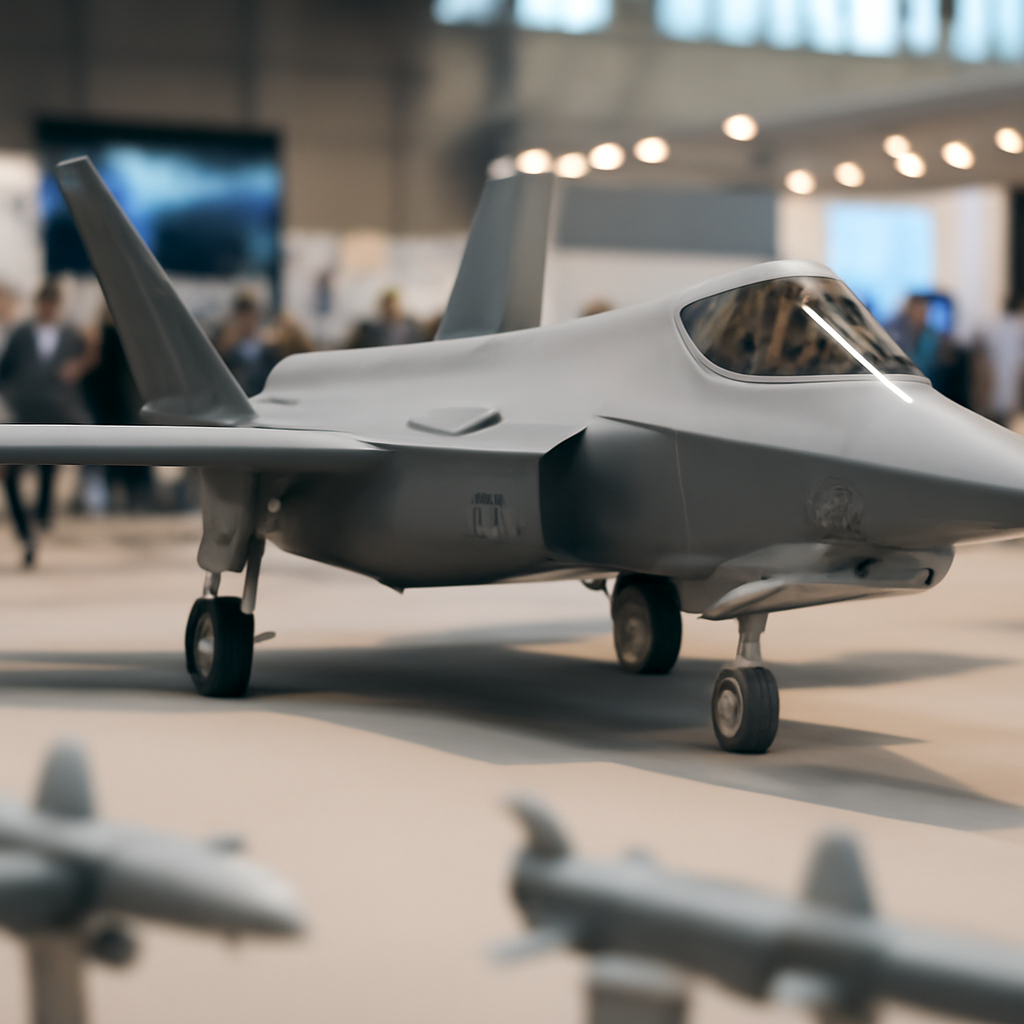 Sleek fifth-generation fighter jet on display at an exhibition with a blurred background.