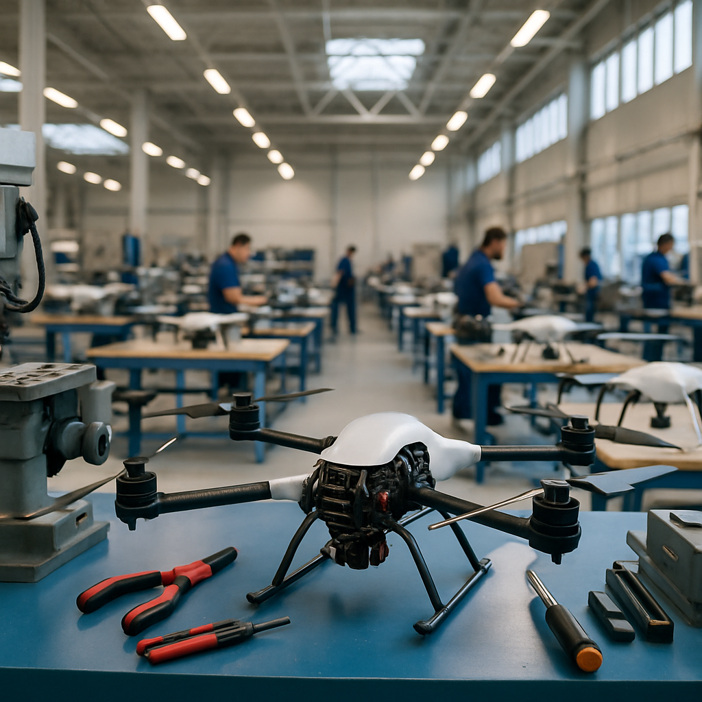 Modern industrial facility with drone assembly and testing equipment, workers in background, and a partially assembled…