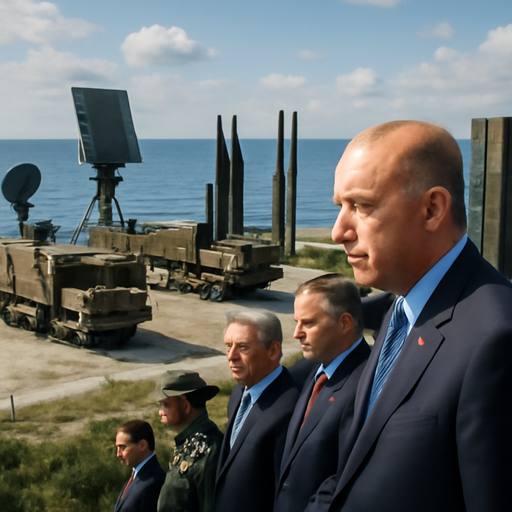 Multi-layered air and missile defense system deployed on Aegean shoreline with military vehicles and radar systems.