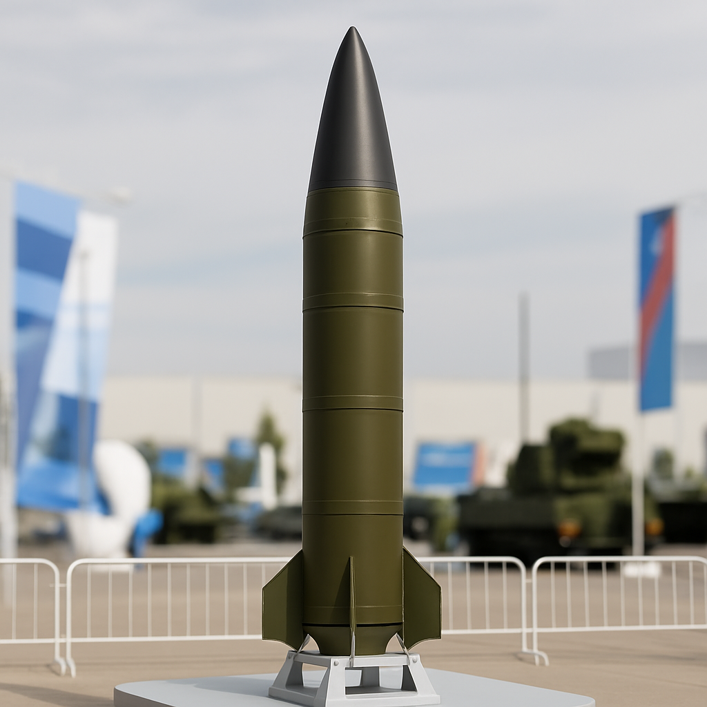 Intercontinental missile on display at a defense expo with blurred equipment in the background.