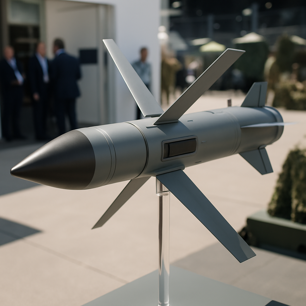 Sleek precision munition with bladed design on display at defense exhibition.