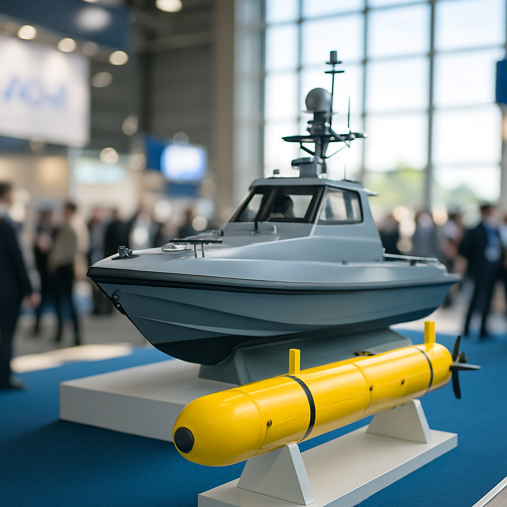 Defense exhibition display with unmanned surface and underwater systems surrounded by attendees.