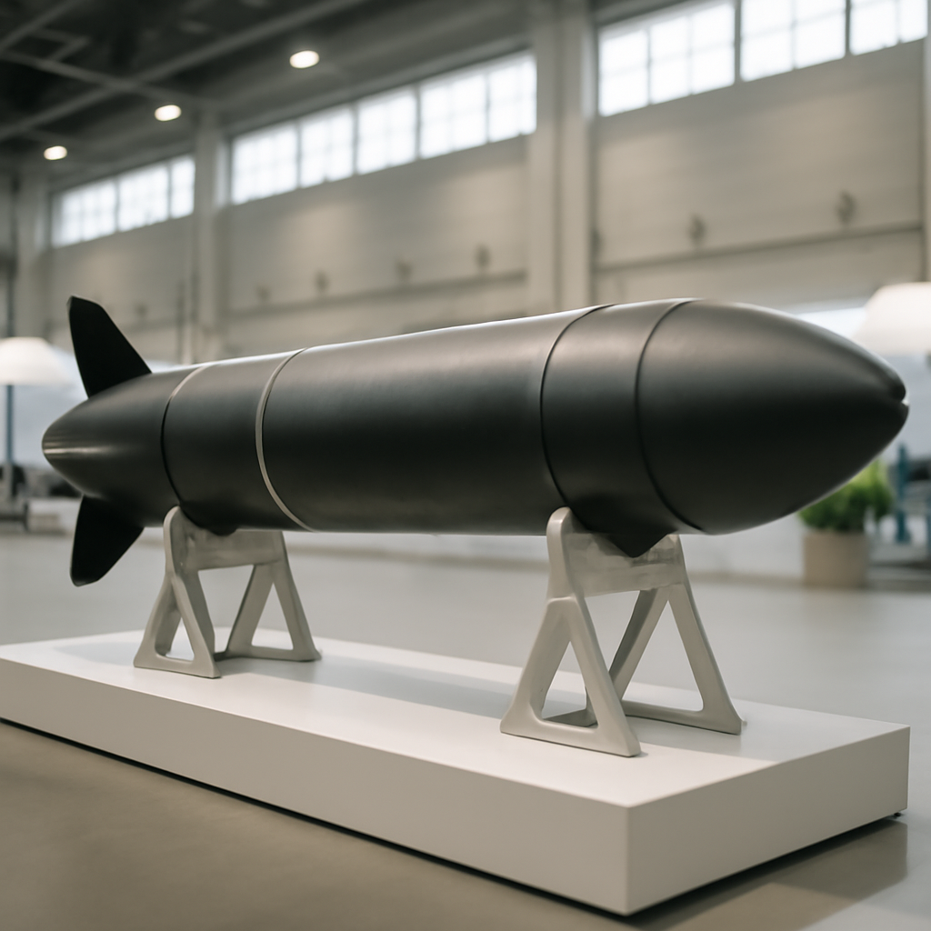 Full-size model of intercontinental ballistic missile on exhibition stand with subtle background of large hall.