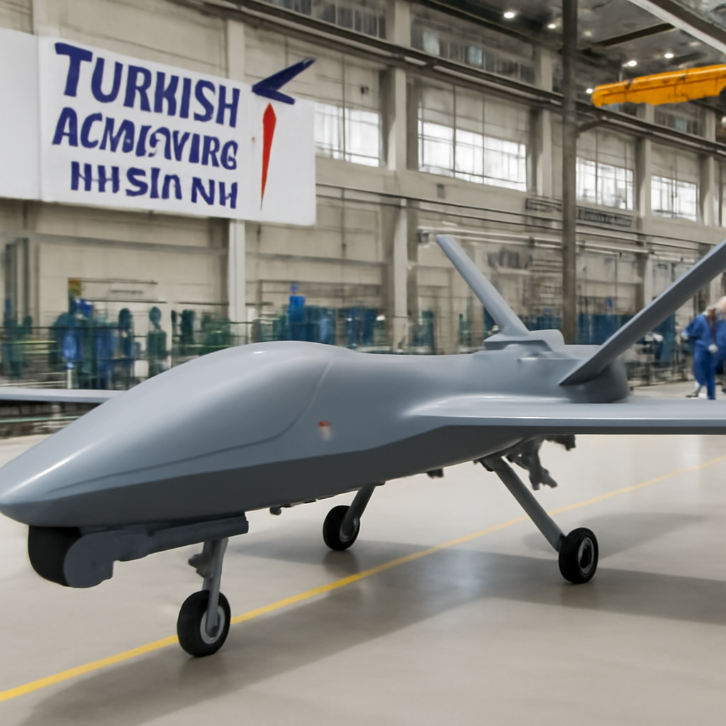 Turkish Aerospace Industries facility with modern defence hardware in foreground.