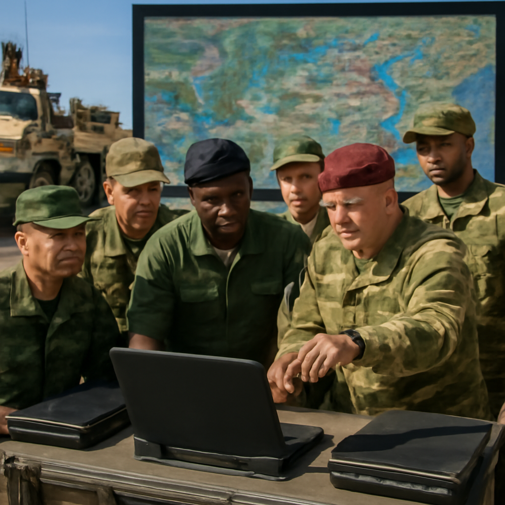 Multinational military personnel gather around a command post with a large map display under clear daylight.