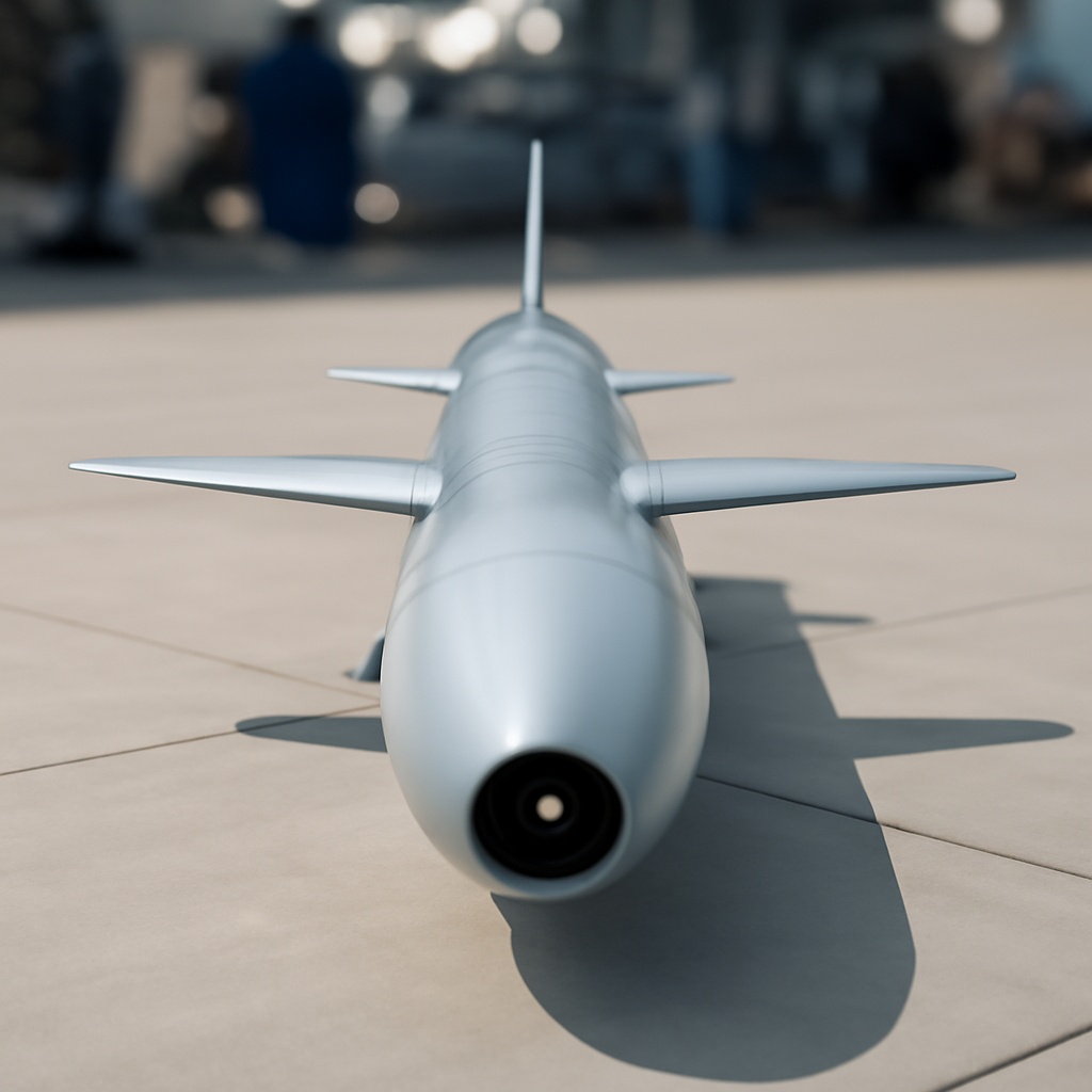 Modern cruise missile displayed on industrial surface with blurred machinery background.