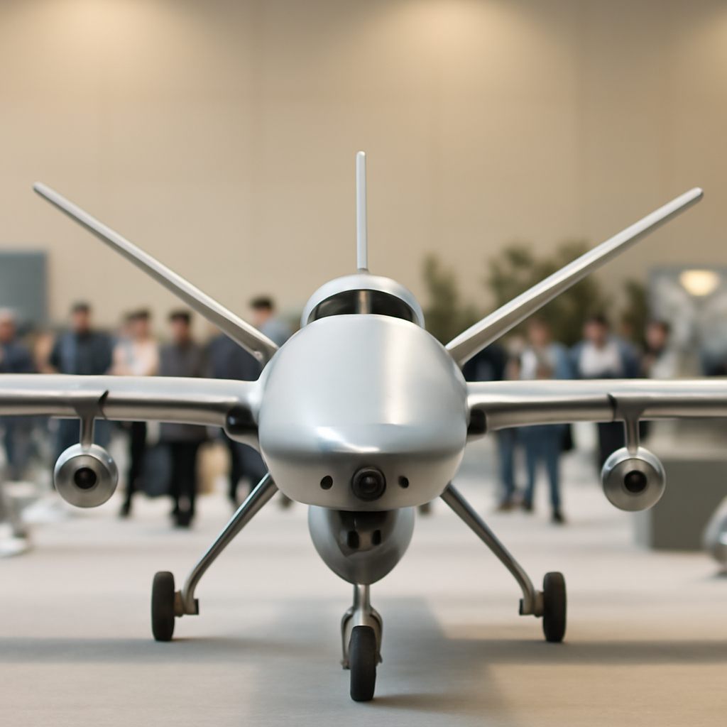 Modern unmanned aerial vehicle on display at defense exposition with crowd in background.