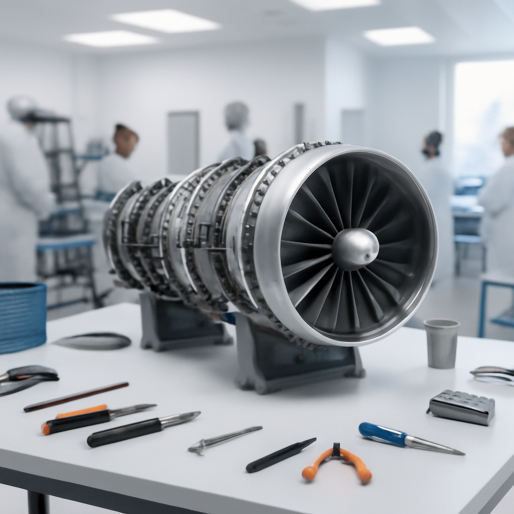 Engineers work on a prototype turbofan engine in a clean-room setting with tools and equipment nearby.