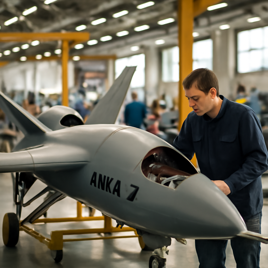 Factory floor with partially assembled drone components and workers in motion, illuminated by natural light through a large…