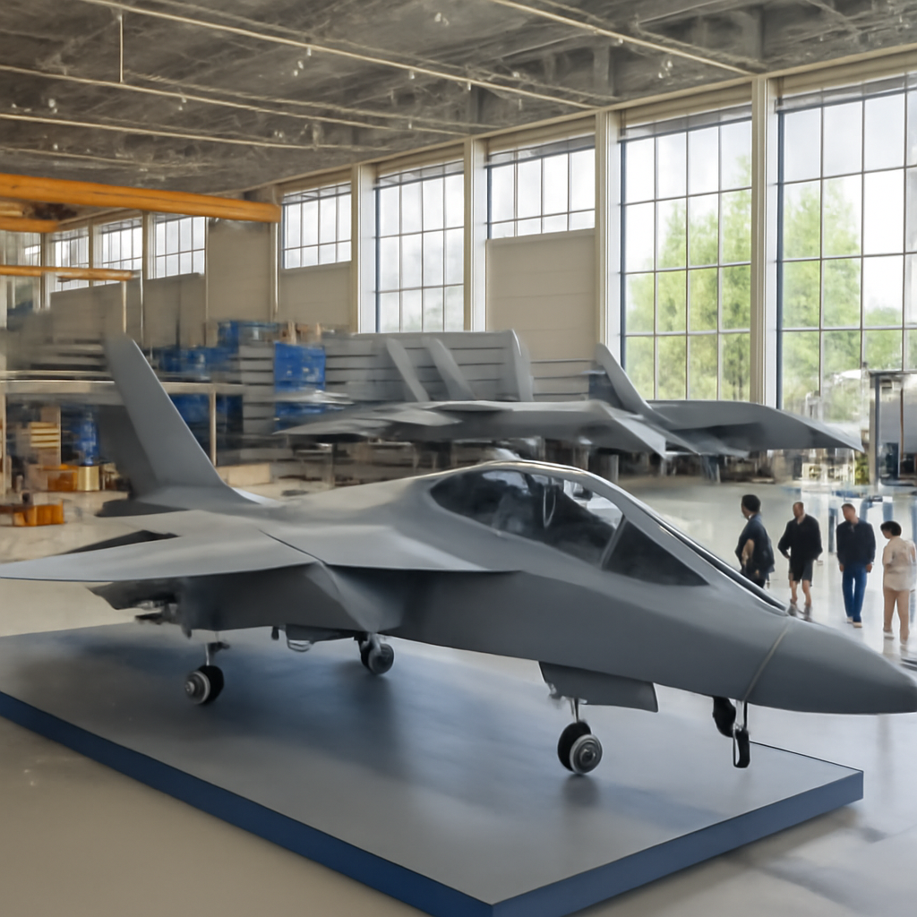 Turkish Aerospace Industries facility interior with HÜRJET aircraft in production, a naval variant prototype on display…