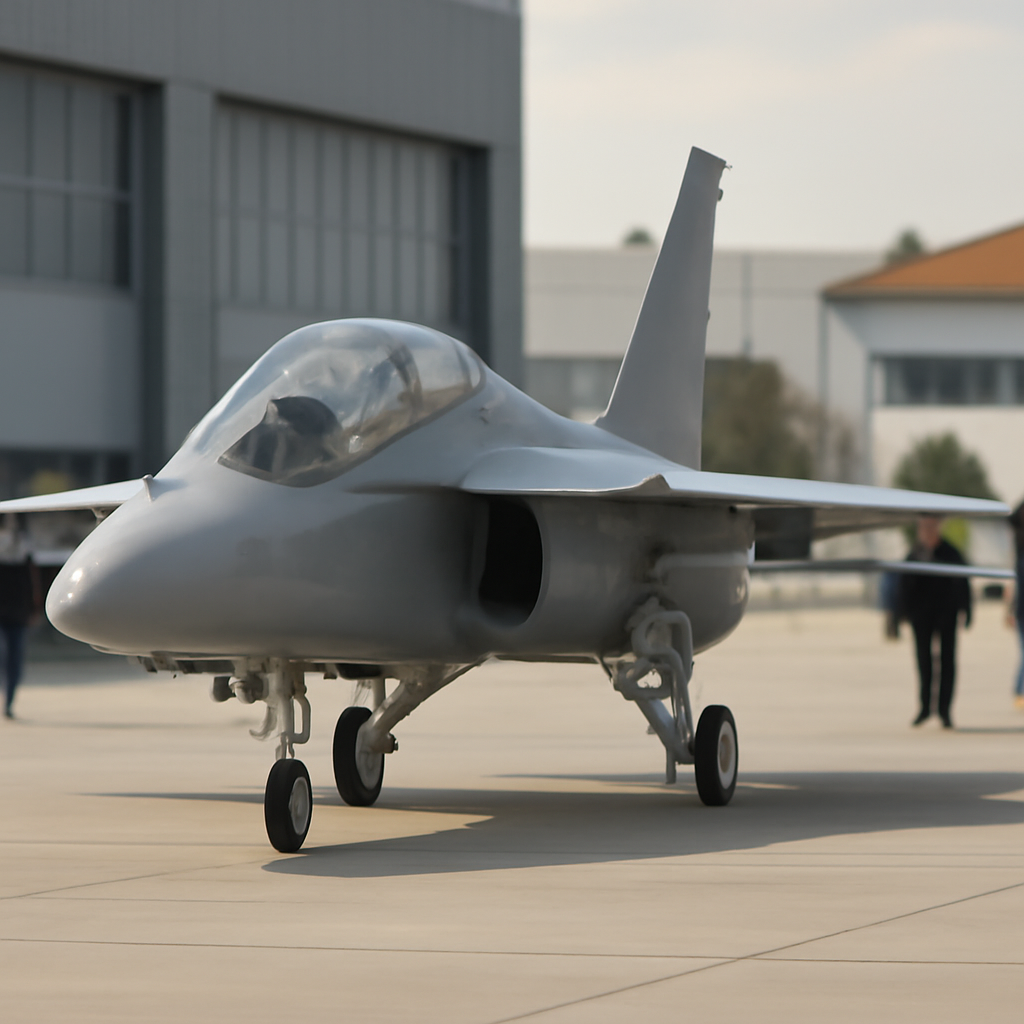 Turkish Aerospace Industries jet on a runway with technicians in the background.