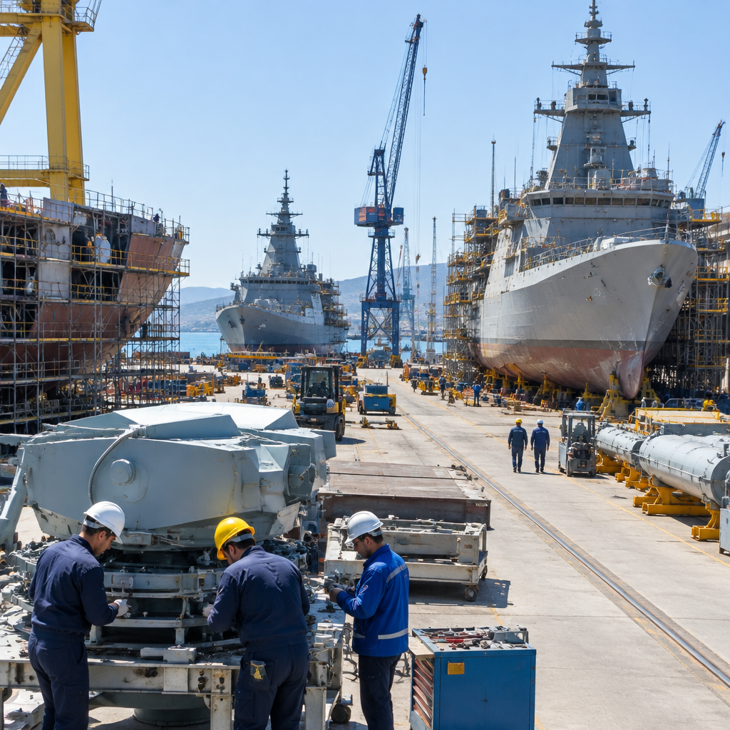 Turkish shipyard with naval vessels and defense equipment in production, workers in foreground.