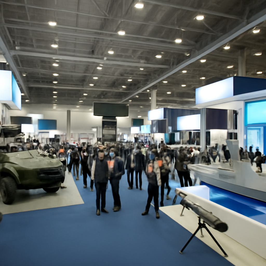 Defence equipment and technology on display at a large exhibition hall with attendees in the background.