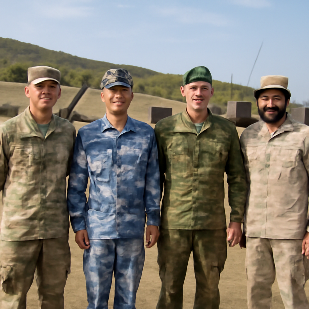 Military personnel from various countries stand together in a field with vehicles and equipment in the distance.