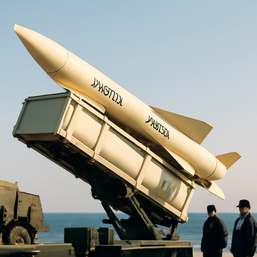 Tayfun Block-3 missile on launcher with naval personnel in background at Turkish defense facility.