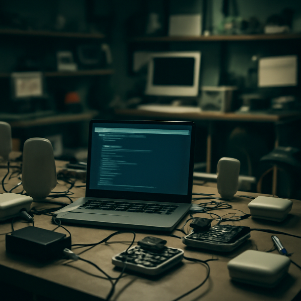 Cluttered electronics lab with IoT devices and computer equipment scattered across workbenches.