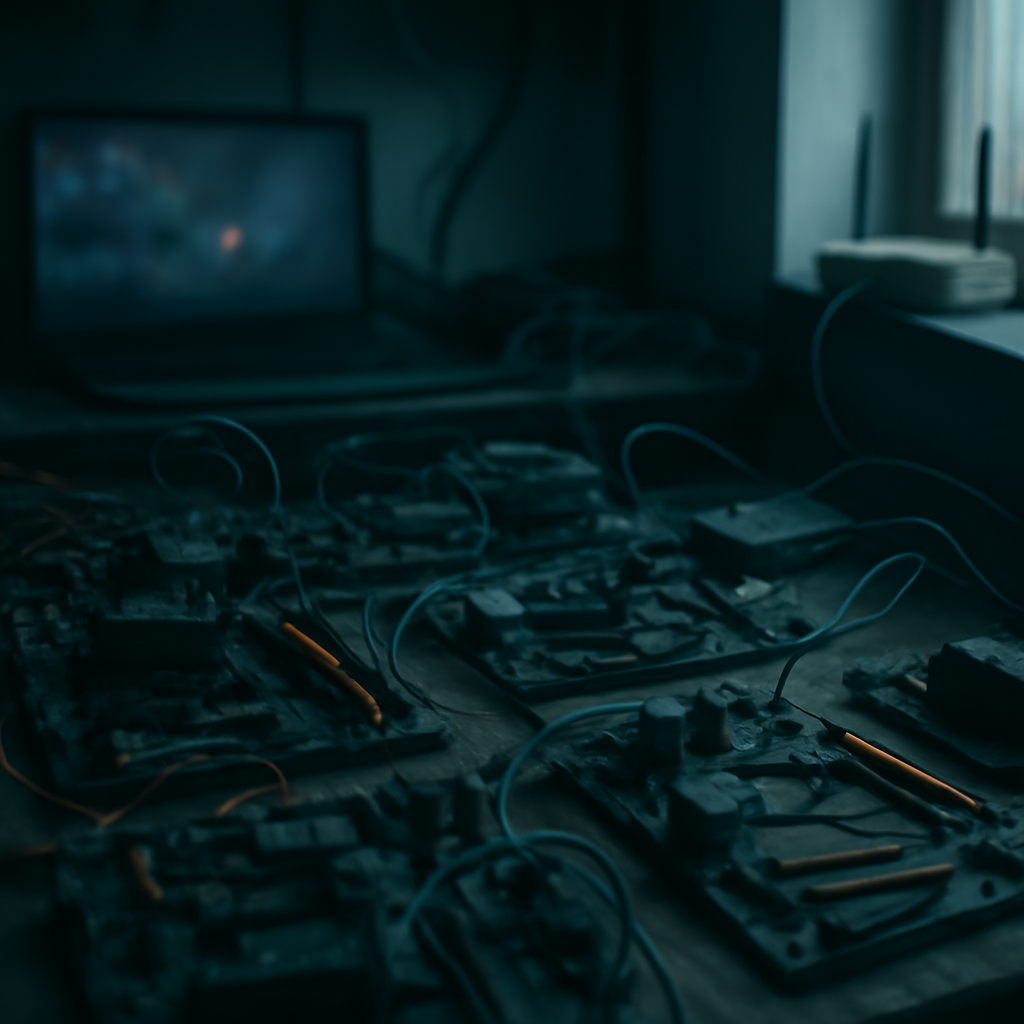Cluttered electronics lab with computer parts and networking equipment.