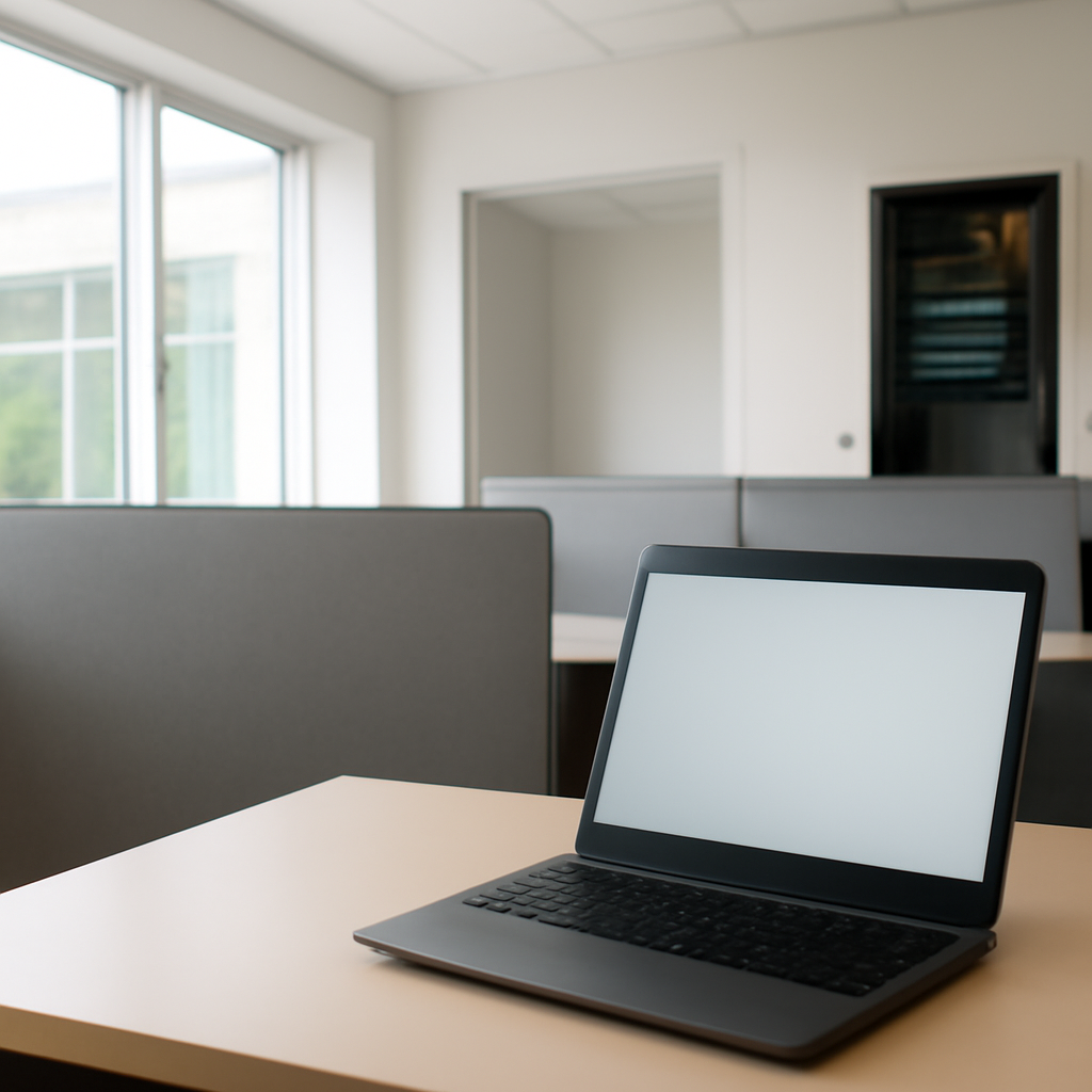 Blurred laptop screen in a generic corporate workspace with subtle tech infrastructure.