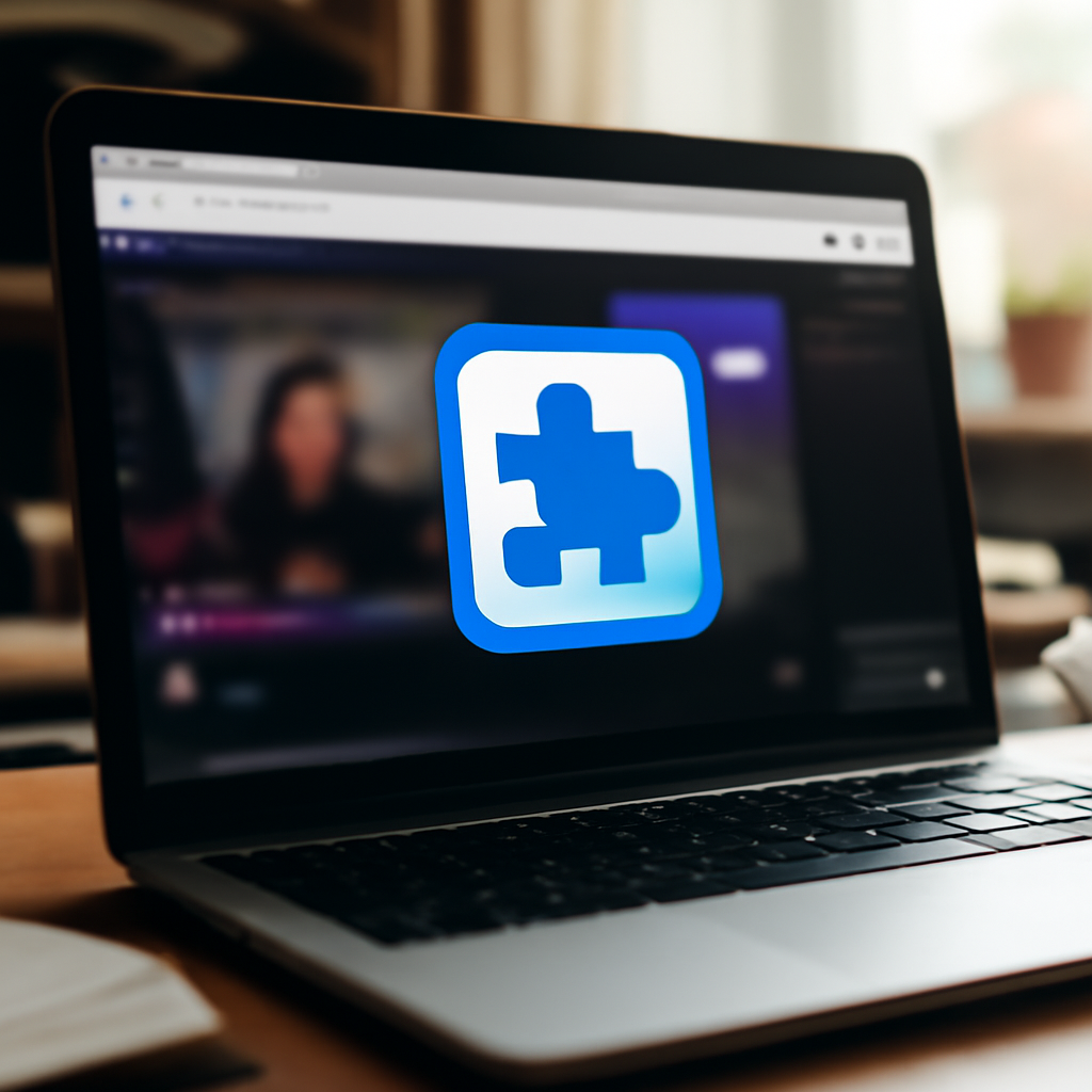 Browser extension icon on a laptop amidst a cluttered home office with a blurred Twitch stream in the background.
