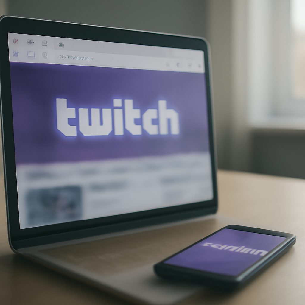 Blurred Twitch webpage and app on devices in a modern home setting.