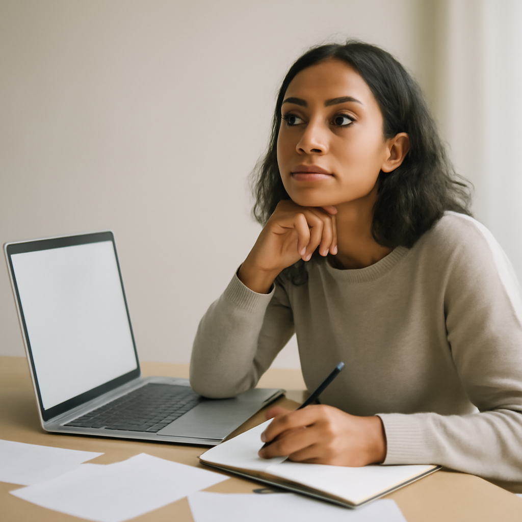 Person sitting at desk with laptop, notebook, and papers, looking up in a well-lit room.