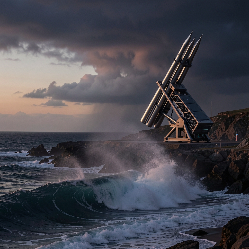 Futuristic missile launcher on rugged coastline with massive wave crashing in foreground at dusk.