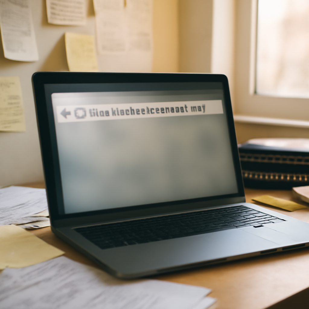 Laptop screen with suspicious URL in cluttered workspace near window with natural light.