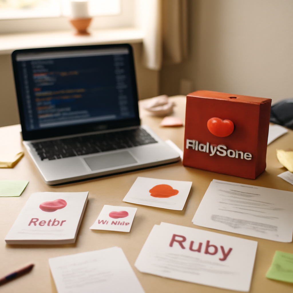 Cluttered software development workspace with laptop, coding materials, and RubyGems packages in a bright, neutral-colored…