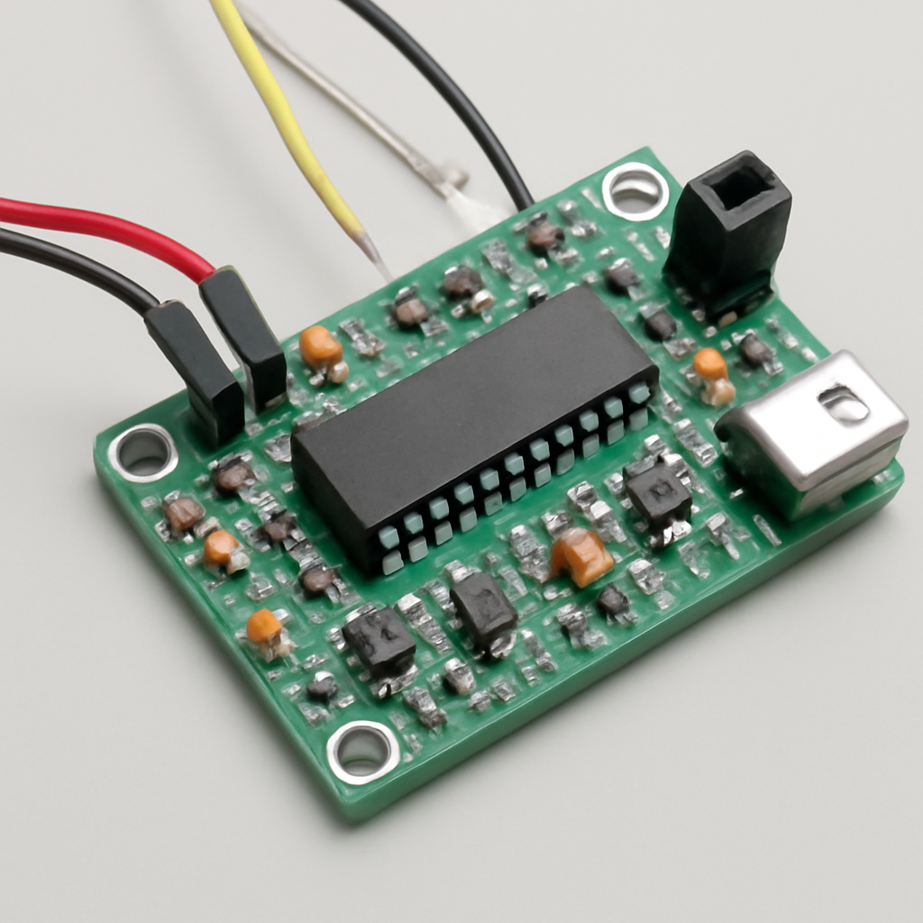 Bootloader circuit board with microcontroller and components on a neutral background.