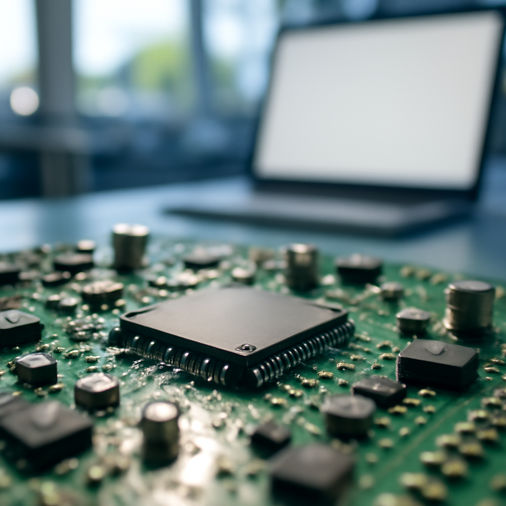 Close-up of a circuit board with microcontroller and components, in a laboratory setting with a laptop in the background.