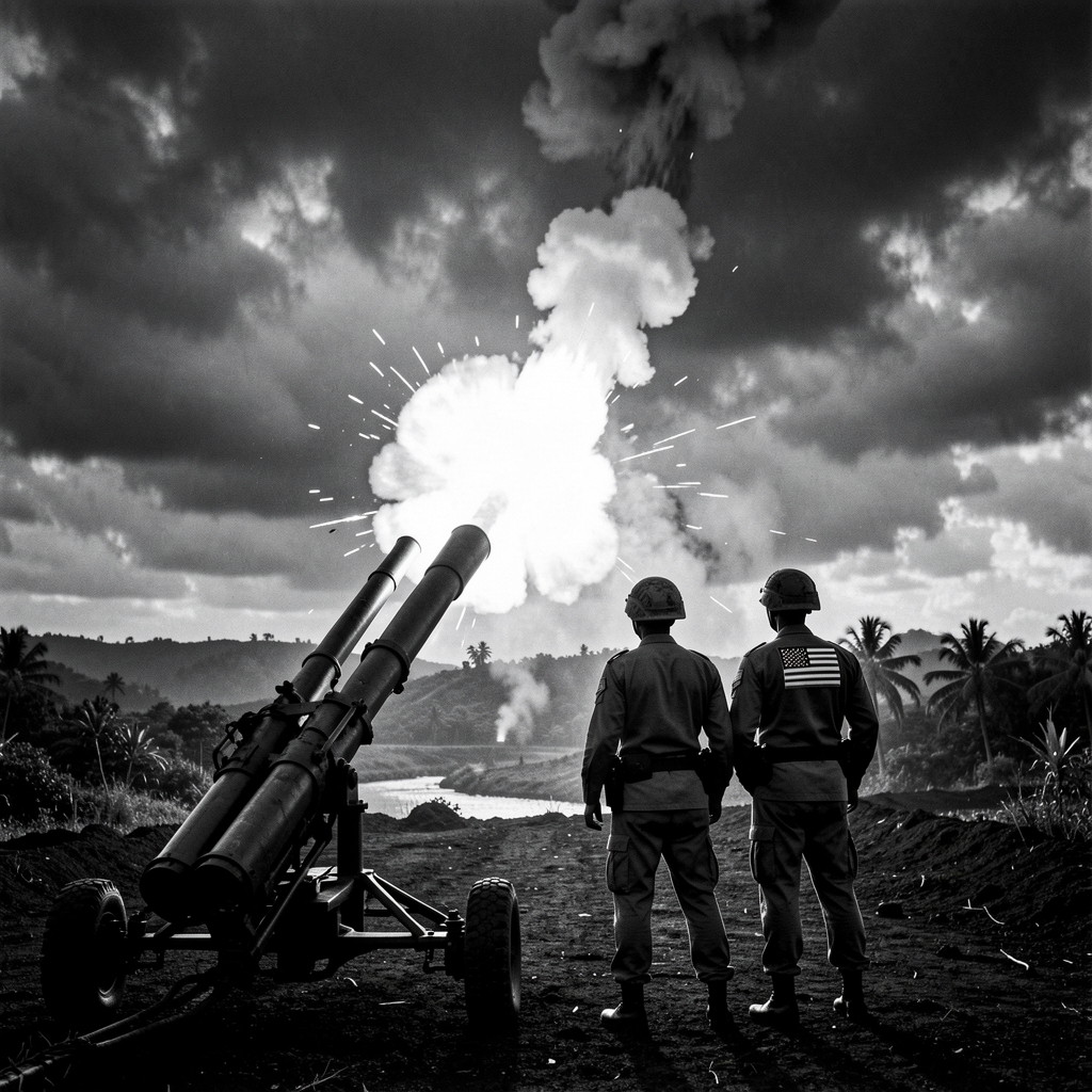 Philippine and US military personnel watch as a rocket launcher fires into a stormy sky, silhouetted against the fiery glow.