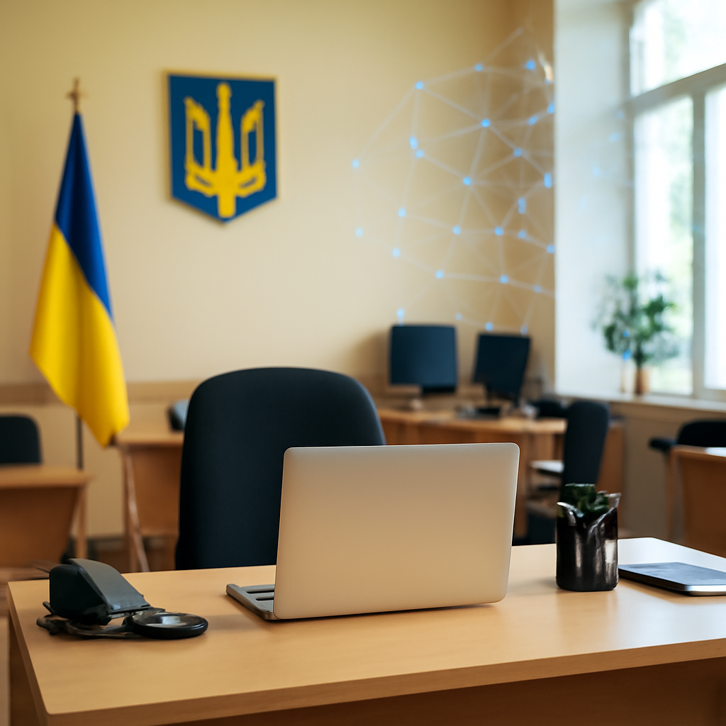 Ukrainian government office with computer workstation on desk near window.