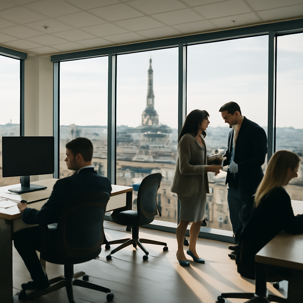 Modern office space with cityscape, Eiffel Tower in background, people working collaboratively.