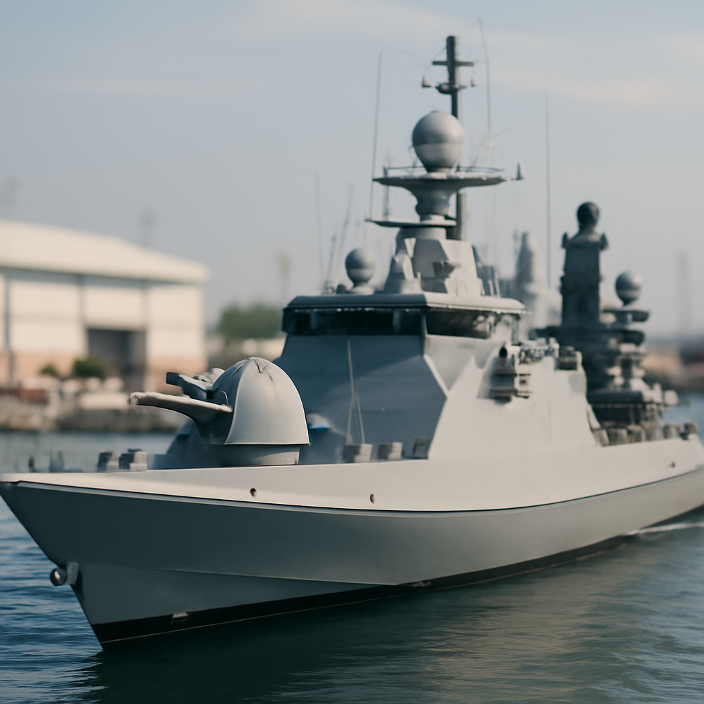 Sleek warship docked in a modern naval base with visible gun and air defence systems.