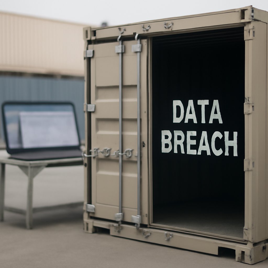 Blurred logistics management system screen in background of warehouse or shipping yard setting.