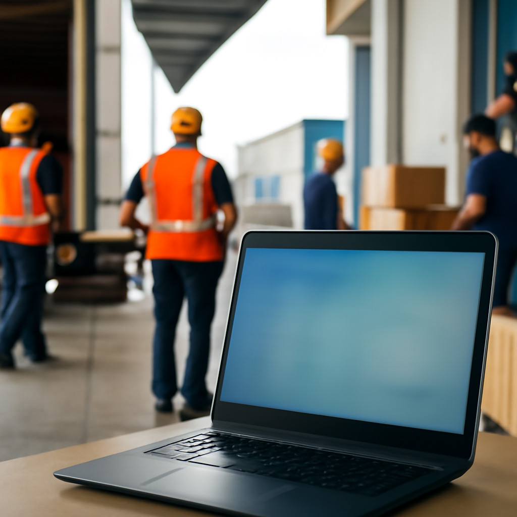 Logistics setting with laptop and shipping containers in background.