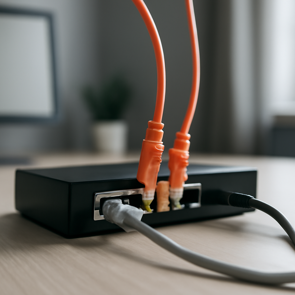 Network device with visible cables on a neutral surface in a well-lit indoor setting.