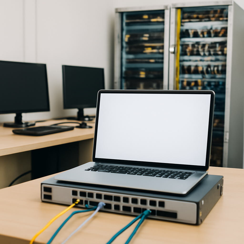 Network operations room with computer workstations and equipment.