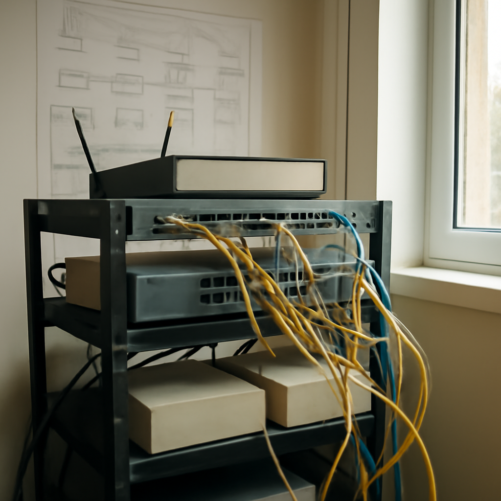 Network devices on a rack in a server room, highlighting potential vulnerability to exploitation.
