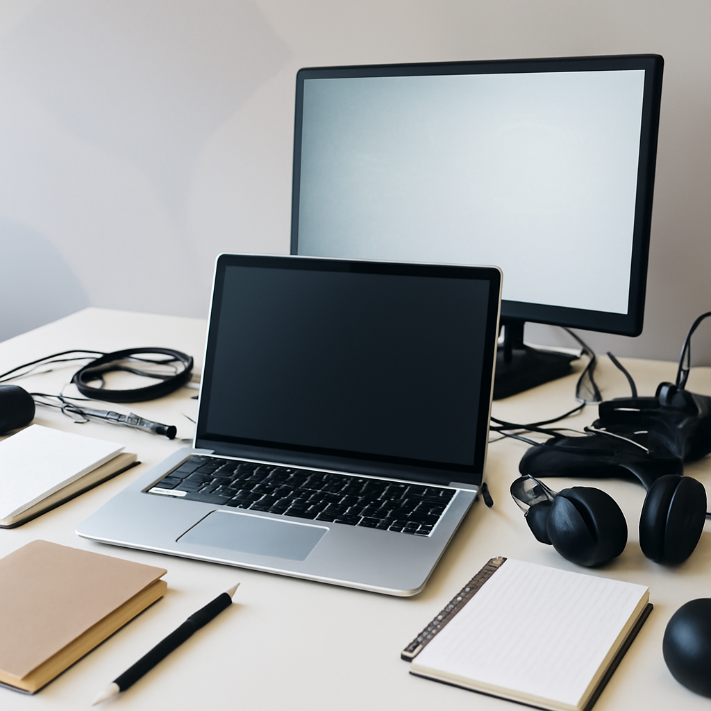 Modern workstation with laptop, notebooks, and technical equipment on a neutral background.