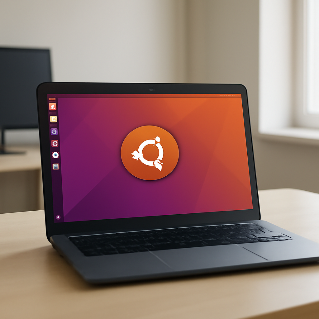Ubuntu desktop computer setup with monitor and keyboard in daylight.
