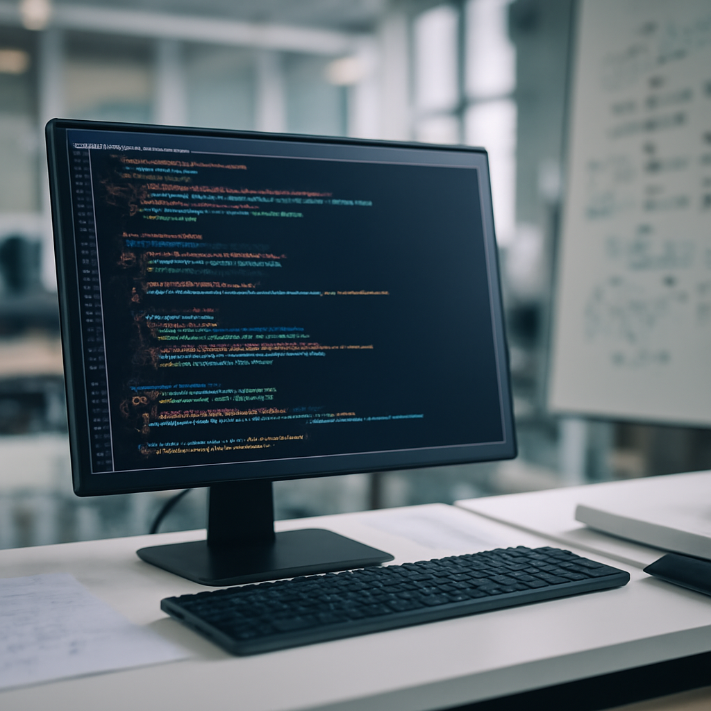 Linux workstation with code on screen, surrounded by notes and diagrams on whiteboard and papers.
