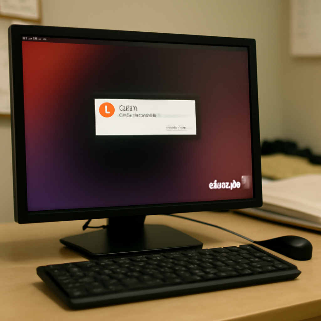 A typical office workspace with a Linux workstation, monitor, and keyboard on a desk, surrounded by documents, conveying a…