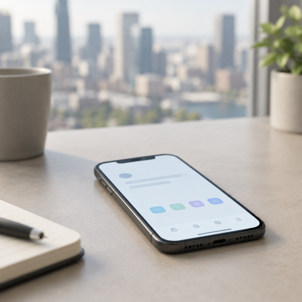 Smartphone on a plain surface with blurred cityscape background and out-of-focus work materials nearby.