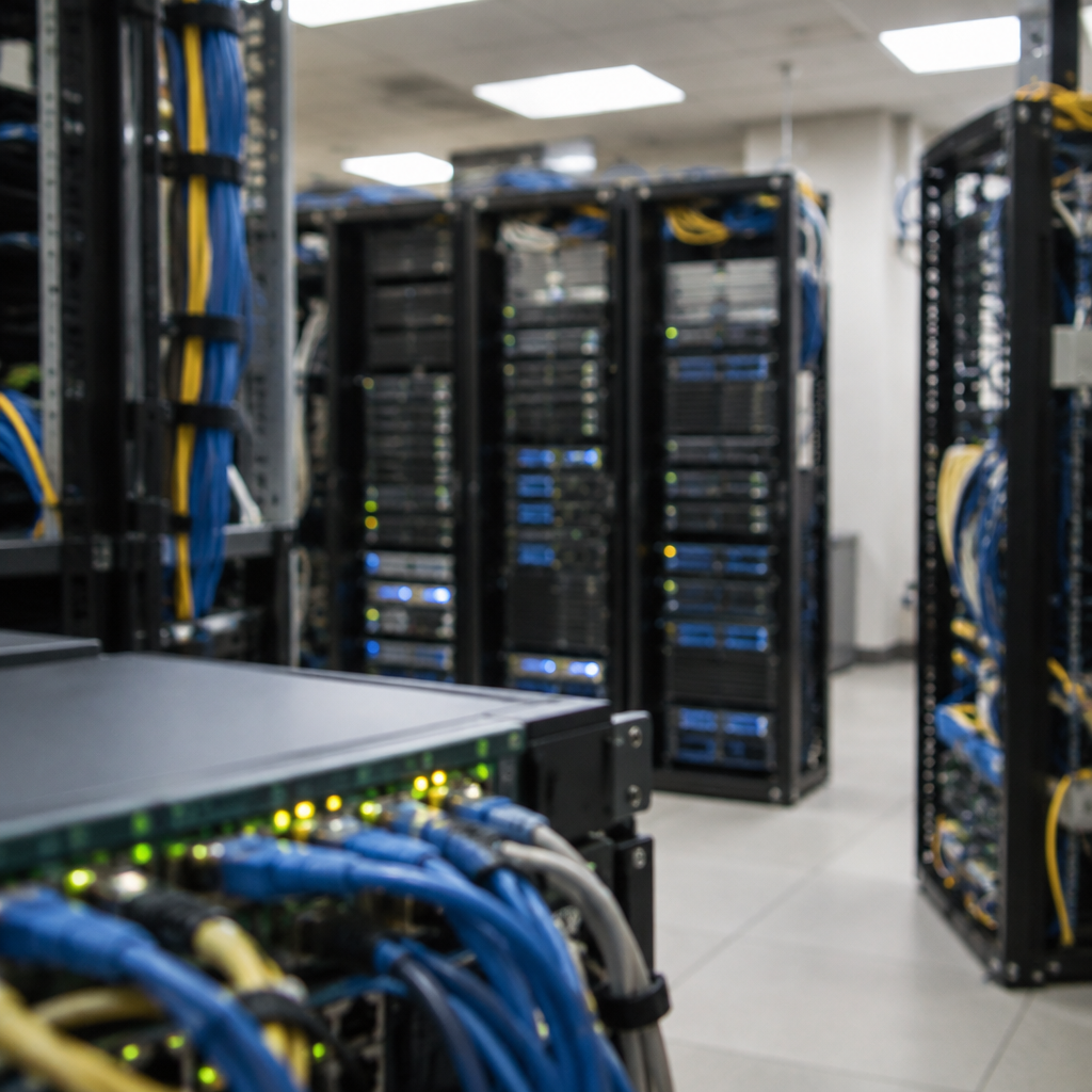 Server room with computer servers on racks, cables, and networking equipment.